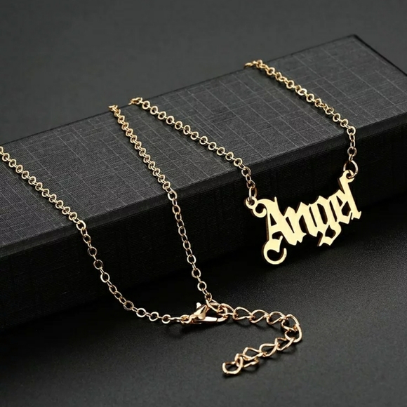Gold ANGEL Old English Word Pendant Necklace Statement Chain Message Jewelry - Picture 1 of 2